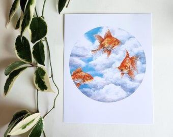 8"x10" print of goldfish flying in the clouds