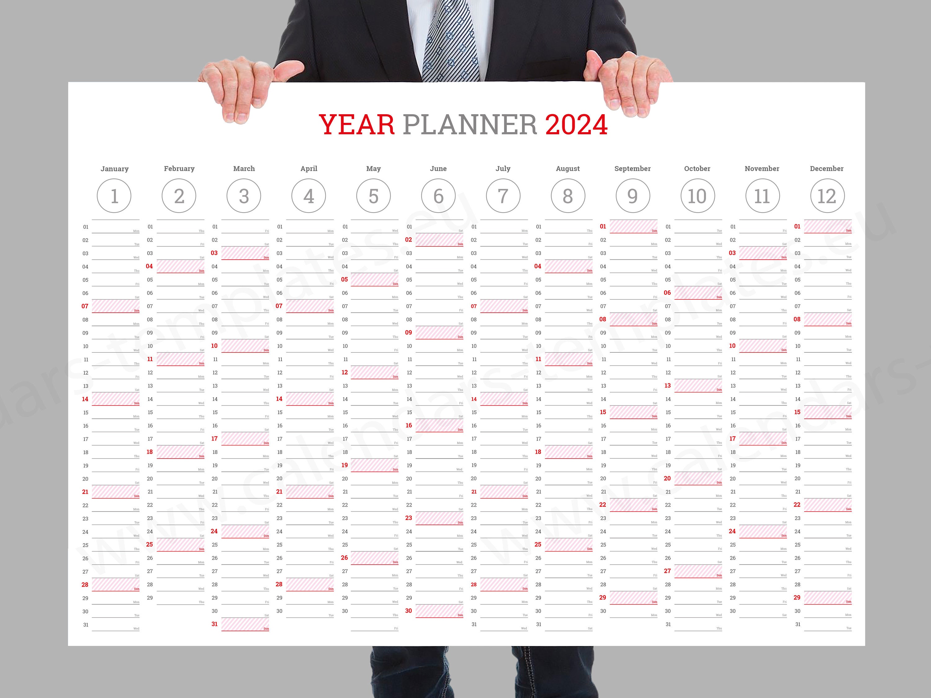 2024 Year Planner. Wall Horizontal Yearly Printable Annual / Planner /  Agenda Calendar Template - KP-W7