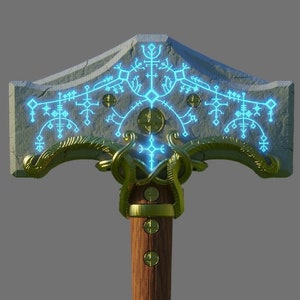 May include: A large, stone hammer with a wooden handle and gold accents. The hammer head is decorated with intricate blue glowing runes.