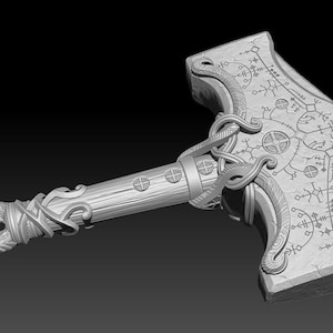 May include: A detailed 3D model of a silver hammer with a wooden handle. The hammer head is decorated with intricate carvings and runes. The handle is wrapped in a snake-like design.