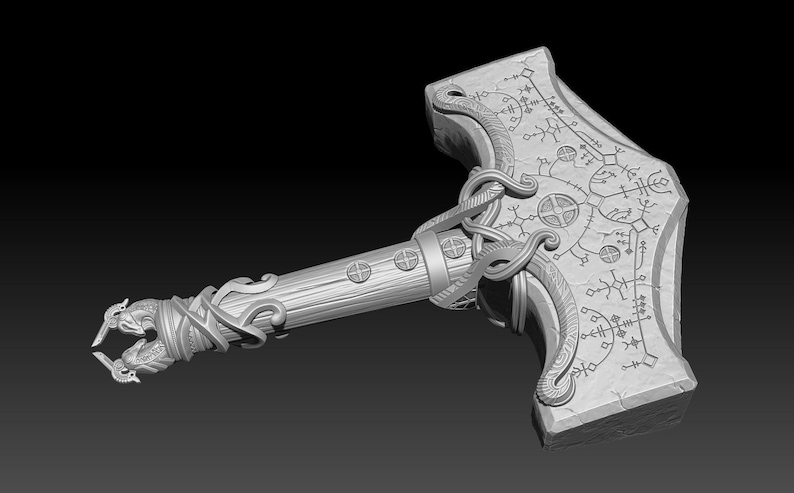 May include: A detailed 3D model of a silver hammer with a wooden handle. The hammer head is decorated with intricate carvings and runes. The handle is wrapped in a snake-like design.