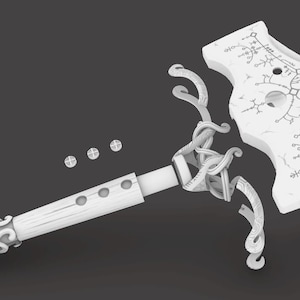May include: A white 3D printed model of a hammer with intricate details. The hammer is disassembled into multiple pieces, including the handle, head, and decorative elements. The head features a design of runes and symbols.