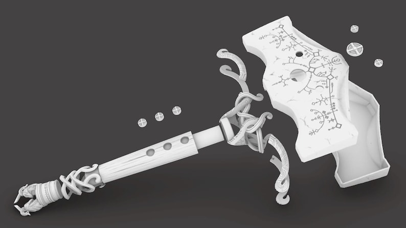 May include: A white 3D printed model of a hammer with intricate details. The hammer is disassembled into multiple pieces, including the handle, head, and decorative elements. The head features a design of runes and symbols.