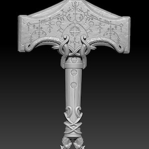 May include: A detailed 3D model of a silver hammer with a carved wooden handle. The hammer head is decorated with intricate patterns and symbols.