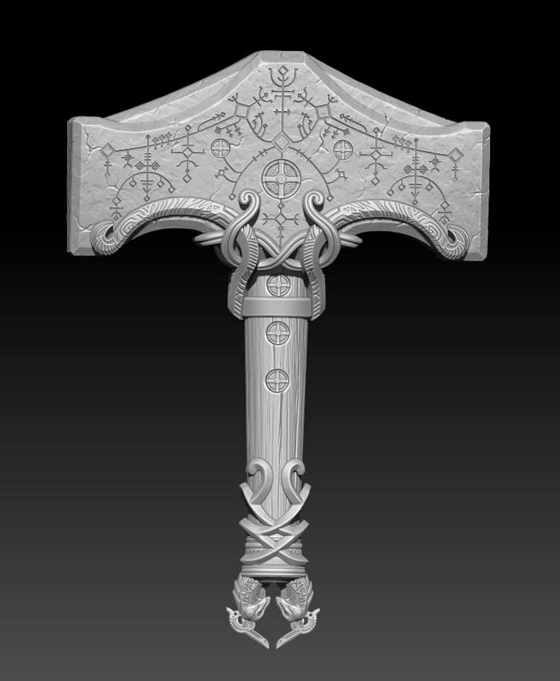 May include: A detailed 3D model of a silver hammer with a carved wooden handle. The hammer head is decorated with intricate patterns and symbols.