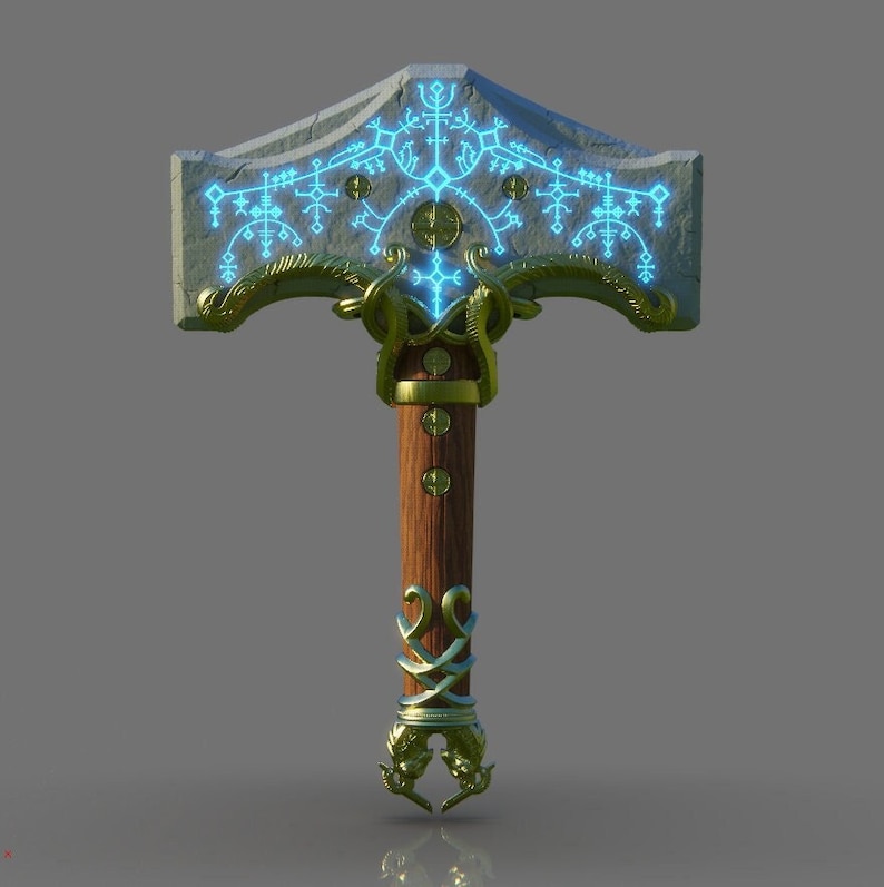 May include: A large, stone hammer with a wooden handle and gold accents. The hammer head is decorated with intricate blue glowing runes.
