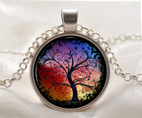 Tree of Life Necklace Fantasy Tree of Life Pendant Tree of Life Jewelry Colorful Picture Pendant Silver Gift for Her Etsy