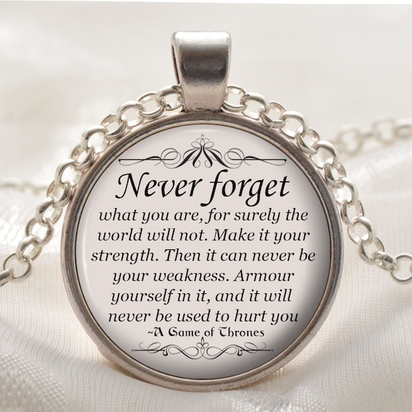 Game of Thrones Quote Necklace - NEVER FORGET Book Pendant - Silver Fantasy Jewelry Gift for Women and Girls