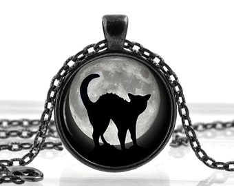 Schwarze Katze in Vollmond Halskette Anhänger. Gruselig Halloween Schmuck Geschenk für Mädchen