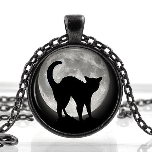 Chat noir en collier de pleine lune Pendentif. Cadeau de bijoux d’Halloween effrayant pour les filles