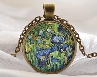 Van Gogh Iris Necklace - Blue Flower Pendant - Flower Art Gift for Women - Vintage Bronze Artist Jewelry