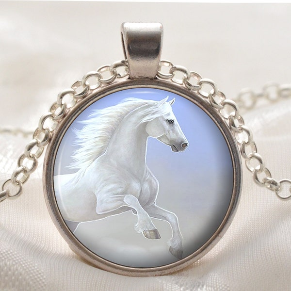 White Horse Necklace - Horse Pendant - Horse Jewelry - Silver Animal Gift for Girls - Birthday Picture Pendant