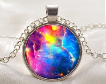 Rainbow Nebula Necklace - Space Jewelry - Fox Fur Galaxy Pendant - Colorful Sun Star Moon Universe Gifts for Her