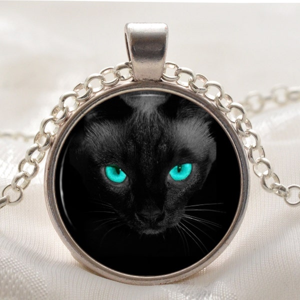 Black Cat Pendant - Black Cat Jewelry - Blue Cat Eyes Necklace - Silver Animal Gift for Women - Photo Pendant