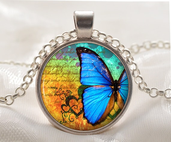 Blue Butterfly Pendant Butterfly Jewelry Blue Necklace Gift for Women  and Girls Script and Hearts