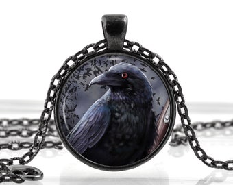 Collar con colgante de cuervo negro - Joyería de pájaro - Espeluznante gótico negro con foto de cuervo, joyería artística, regalo para ella