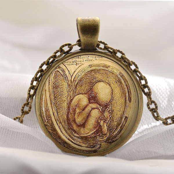 Leonardo da Vinci Necklace - Pregnancy Fetus Pendant - Doctor Midwife Gift for Mom - Artist Jewelry