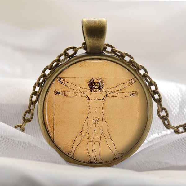 Vitruvian Man Necklace - Drawing Pendant - Da Vinci Gift for Women - Bronze Artist Jewelry