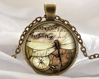 Steampunk Dragonfly Neckace - White Dragonfly Pendant - Bronze Steampunk Jewelry - Compass Gift Idea for Her