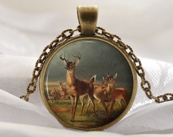 Deer Necklace - Animal Art Pendant - Vintage Bronze Jewelry Art Gift for Her - Deer and Fawn Picture