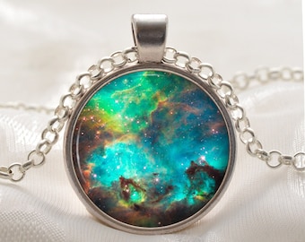 Nebula Necklace - Galaxy Pendant - Hubble Space Jewelry - Green Blue Universe Gifts for Women