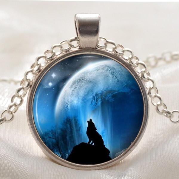 Wolf Pendant - Howling Wolf Jewelry - Blue Moon Wolf Necklace - Silver Animal Gift for Women - Picture Pendant