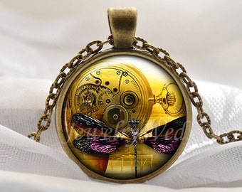 Steampunk Dragonfly Pendant - Dragonfly Jewelry - Steampunk Jewelry - Gold Pocket Watch Purple Dragonfly Gifts for Her