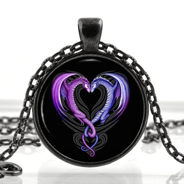 Dragons Heart Necklace Pendant - Purple Heart Jewelry - Unique Black Fantasy Dragon Jewelry Art Gift for Her