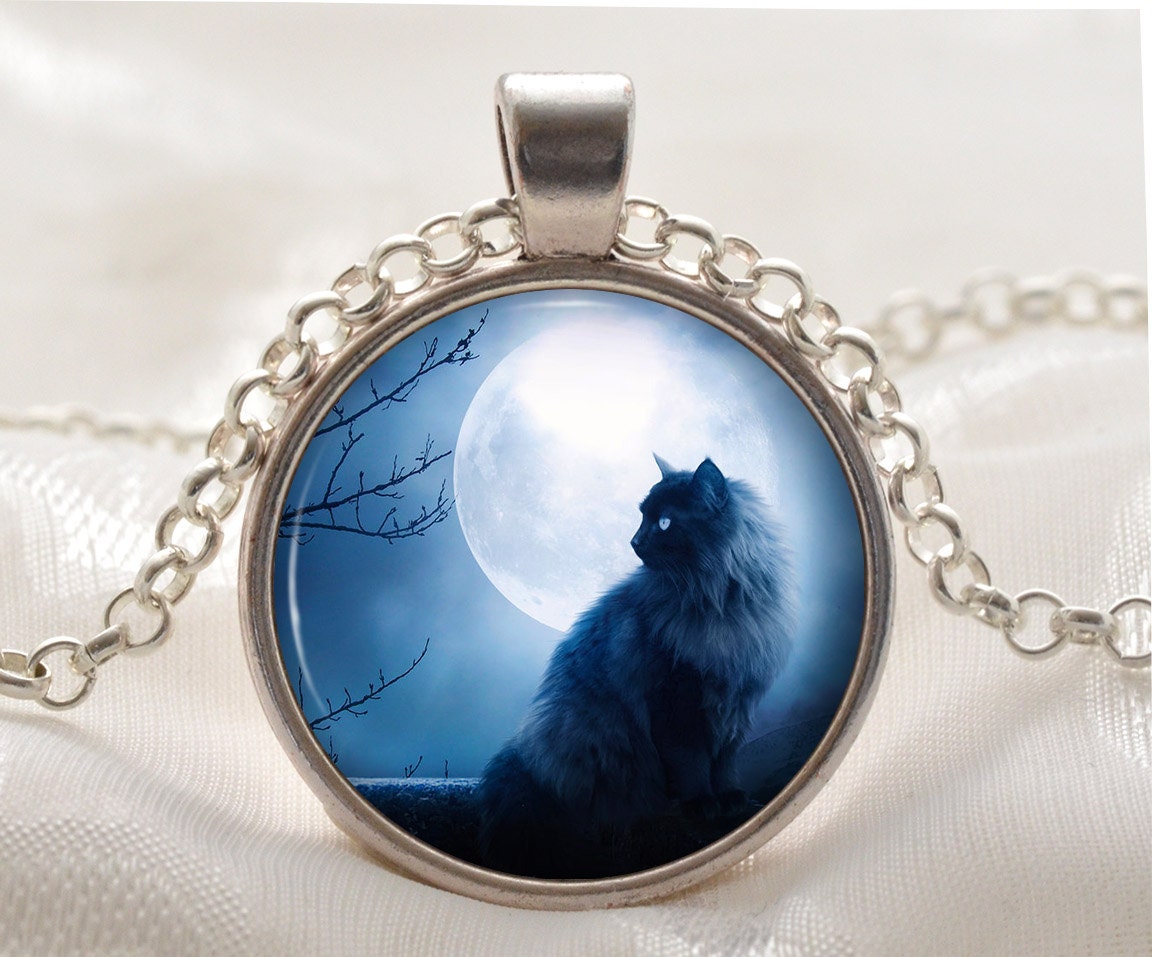 Black Cat Necklace Cat in Full Moon Pendant Silver Photo Etsy