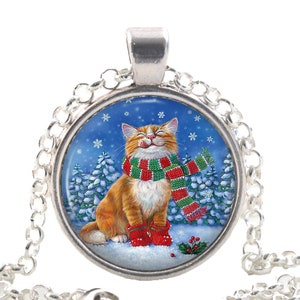 Happy Christmas Cat Necklace Pendant, Snowy Christmas Style Jewelry, Funny Animal Picture Gift Idea for Cat Lovers