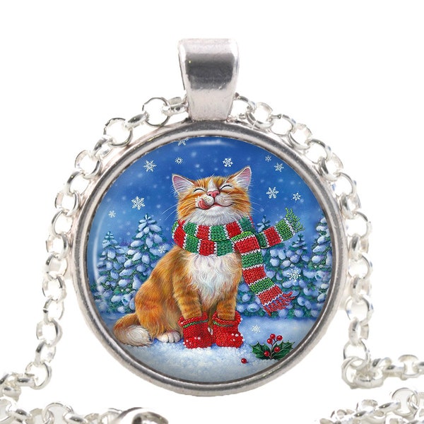 Happy Christmas Cat Necklace Pendentif, Bijoux de style Noël enneigé, Drôle d’animal Idée cadeau pour les amoureux des chats