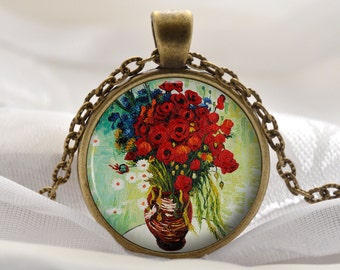 Van Gogh Poppy Necklace - Red Flower Pendant - Flower Art Gift for Women - Vintage Bronze Artist Jewelry