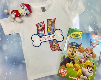 Personalized Paw Patrol Birthday Shirt, Embroidered Initial Bone Tee, Custom Kids Party Outfit