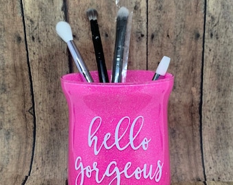 Porta pennelli per trucco glitterato, organizer per beauty case, rosa scintillante