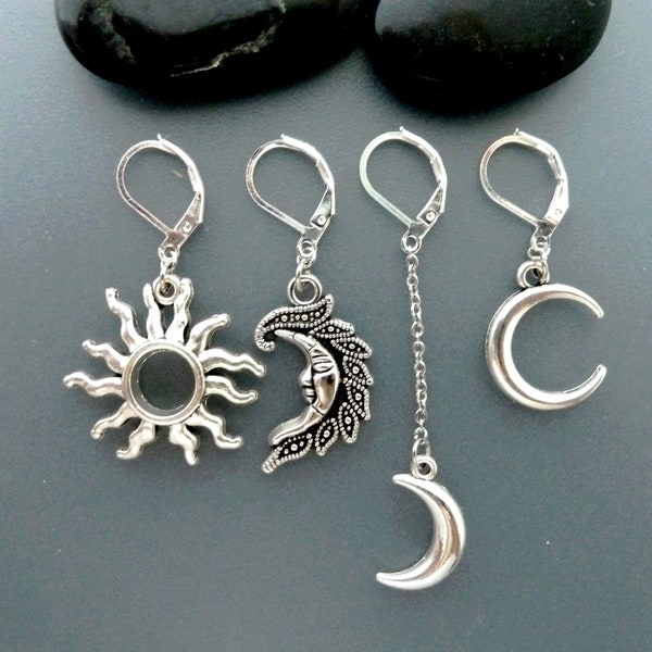 Dangle Men Earring  Mismatched Zodiac Symbol Silver Moon Sun earring Single earring Men Women gift Birthday guys gift One male Earring