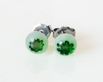 Millefiori Murano Glass Earrings 6MM, Green Stud Fused Glass Earrings