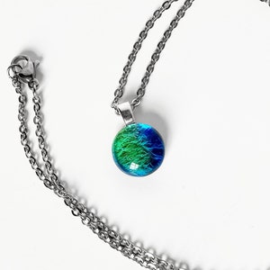 Fused Dichroic Glass Necklace, Dainty Blue Green Pendant, Small Round Womens Handmade Necklaces