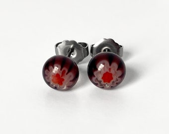 Millefiori Glass Post Earrings, Red and Black Flower Stud Earrings, 7MM Titanium Earrings