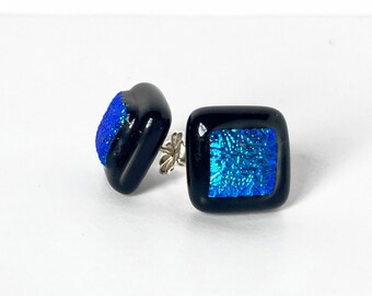 Fused Dichroic Glass Earrings 1/2 Inch, Square Bright Blue and Black Post Earrings, Sterling Silver Big Stud Earrings