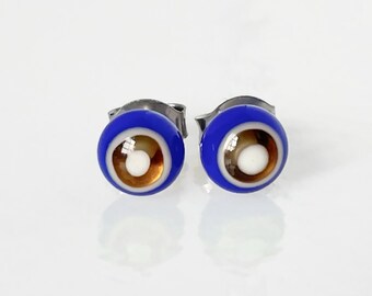 6MM Stud Earrings, Blue and White Circle Earrings, Surgical Steel Fused Glass Murano Studs, Evil Eye Earrings