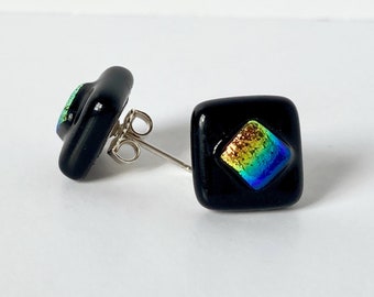 Fused Dichroic Glass Earrings 10MM, Square Rainbow and Black Post Earrings, Sterling Silver Big Stud Earrings