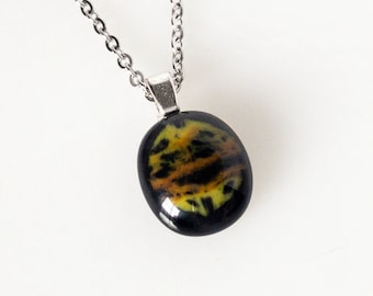 Fused Glass Pendant Necklace, Animal Print Black Pendant, Small Oval Womans Necklace