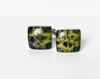 Black Glass Cuff Links with Green Animal Print, Half Inch Square Mens Cufflinks, Fathers Day Gift