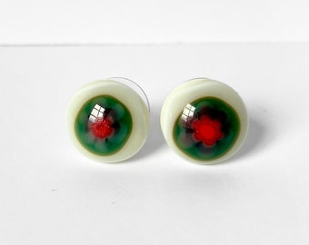 Millefiori Glass Stud Earrings, Green & Red Post Earrings, Fused Glass Summer Earrings, Big Floral Stud Earrings