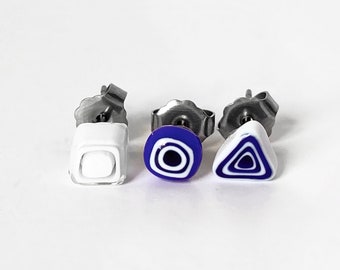 Set of 3 6MM Millefiori Stud Earrings, Mismatched Geometric Blue & White Fused Glass Earrings