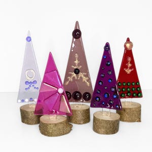 Small Fused Glass Christmas Trees on Wood Base, Modern Jewel Tone Holiday Table Top Decor