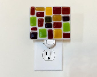 Fused Glass Night Light, Colorblock Plug In Nightlight, Red Yellow and Green Hallway Light