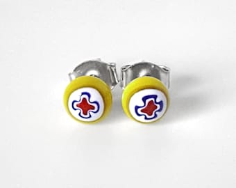 Millefiori Glass Stud Earrings 5MM, Surgical Steel Posts, Cute Yellow Flower Fused Glass Post Earrings