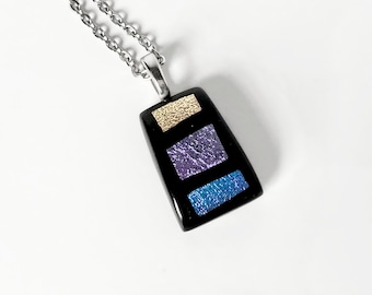 Dichroic Glass Pendant Necklace, Fused Glass Colorblock Pendant 1 Inch