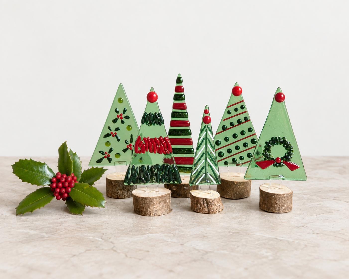 Fused Glass Mini Christmas Trees on Wood Base, Traditional Holiday Windowsill Decor
